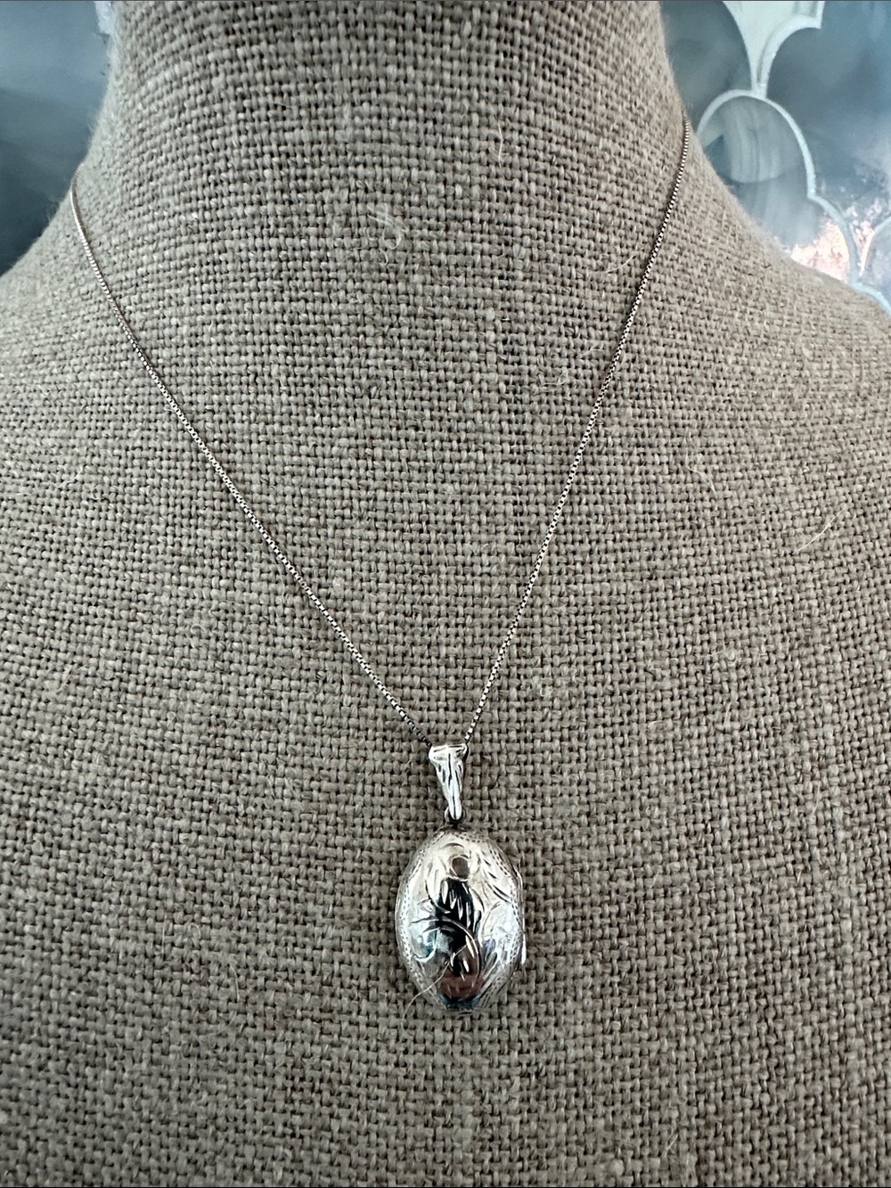 Sterling Silver Engraved Oval Locket Necklace - Silver